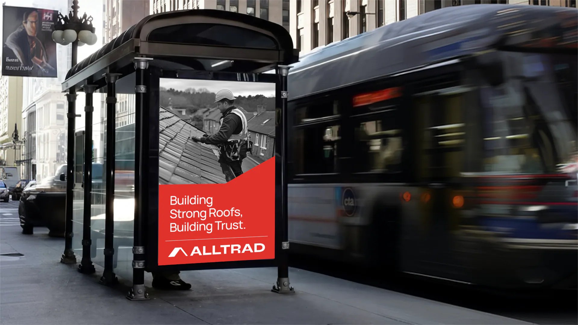 Alltrad Roofing 'Building strong roofs, building trust' bus stop advert