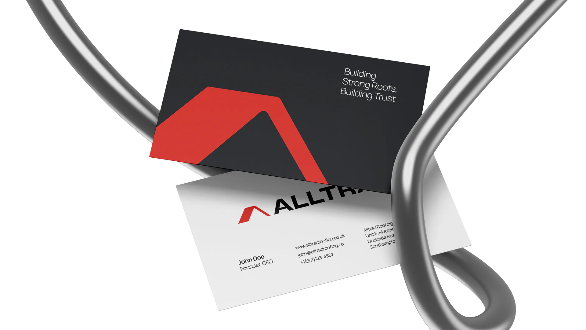 Alltrad Roofing business cards with the chevron mark