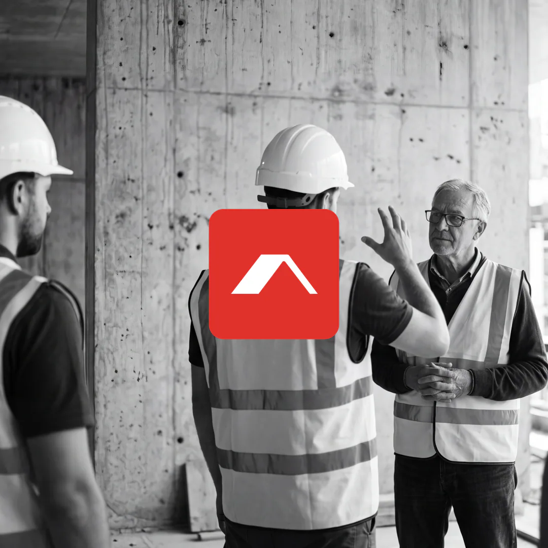 Site team in hi-vis with the Alltrad Roofing app icon