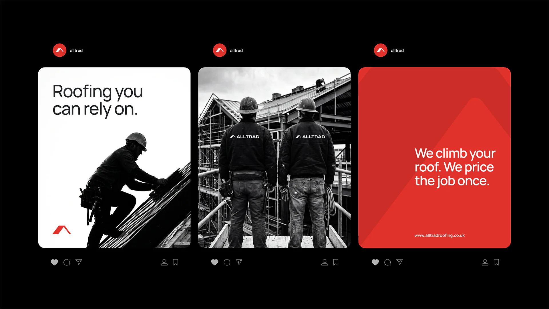 Alltrad Roofing social media creatives on a dark background