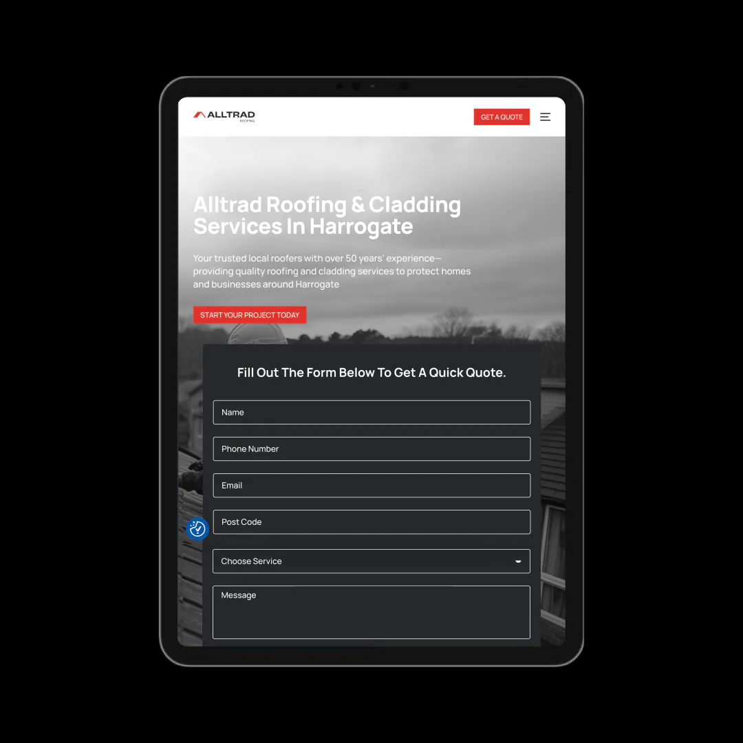 Alltrad Roofing website quote form on a tablet