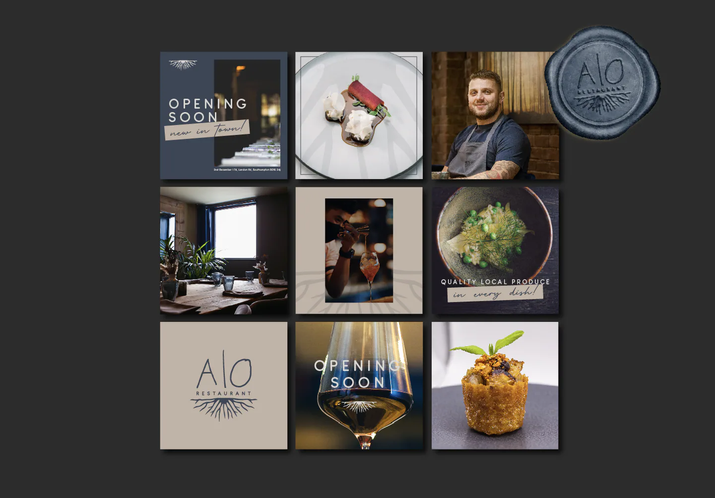 AO restaurant Instagram grid with food, chef and interior photography