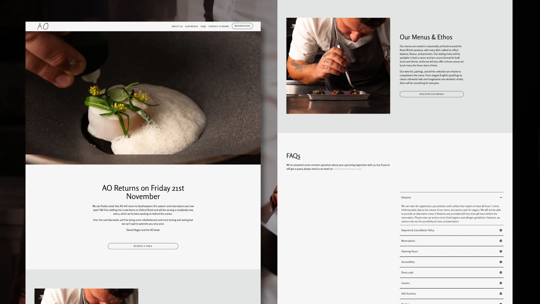 AO restaurant menu and blog page designs