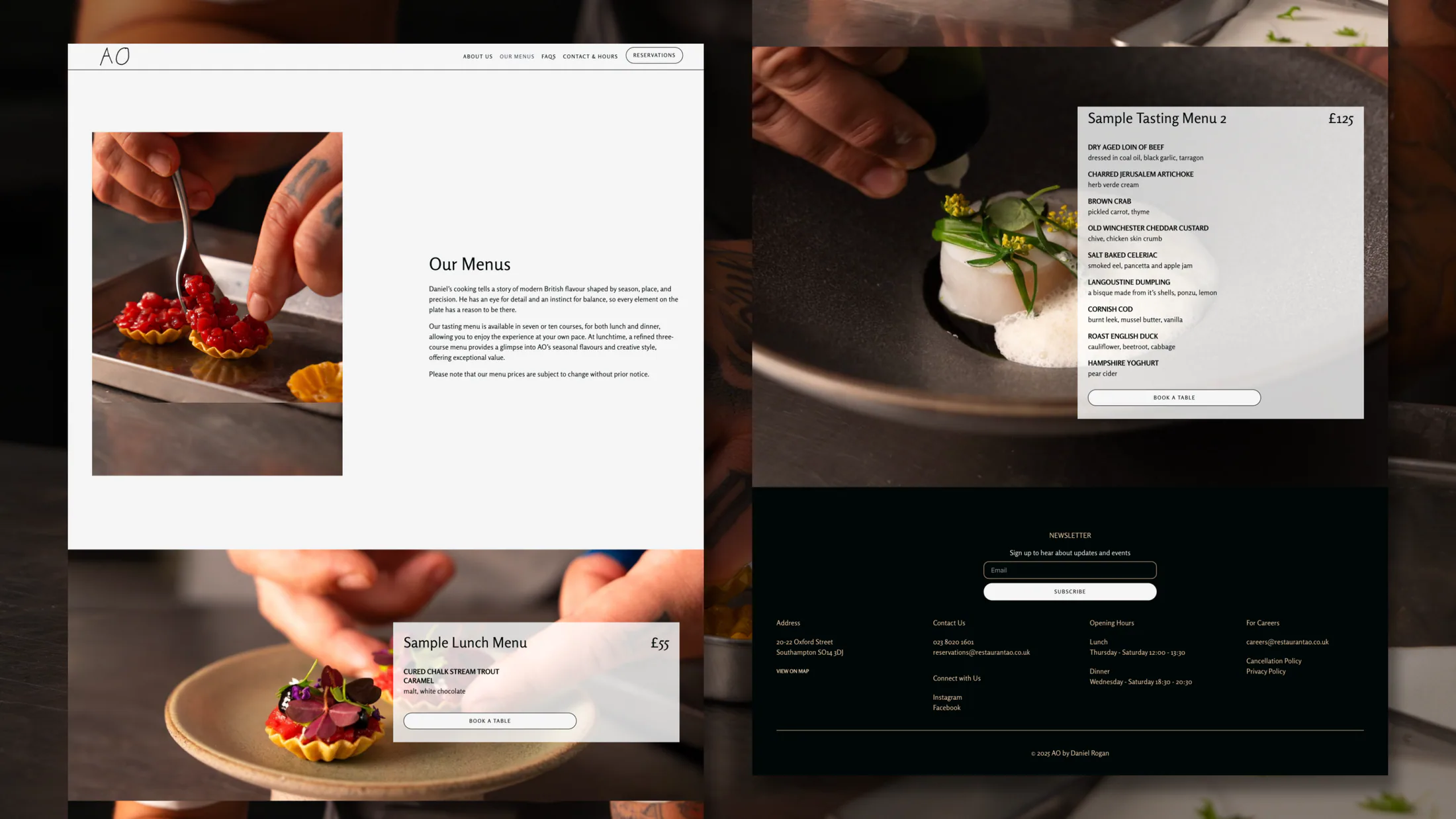 AO restaurant website pages with fine dining photography