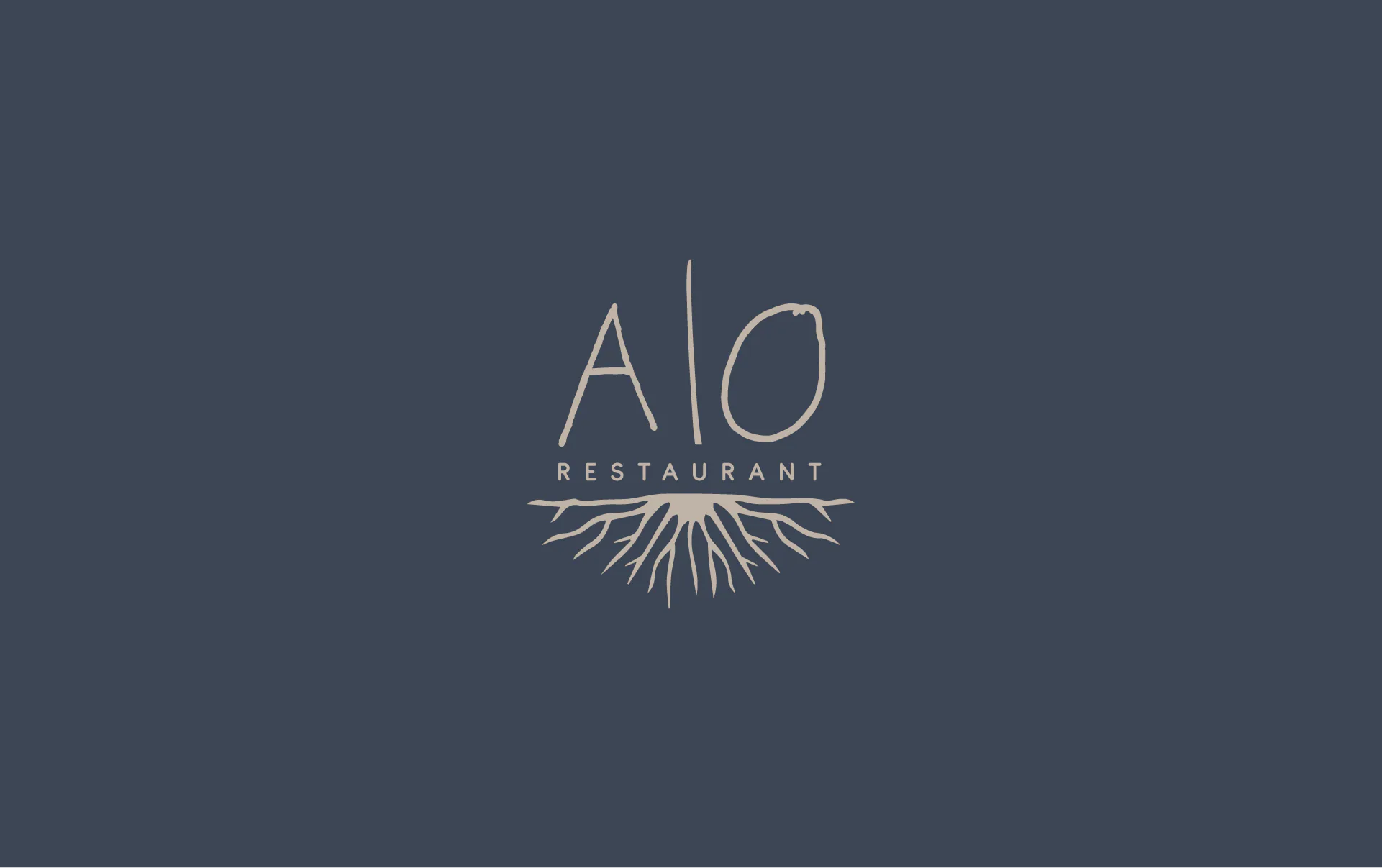 AO restaurant wordmark with root illustration on slate blue