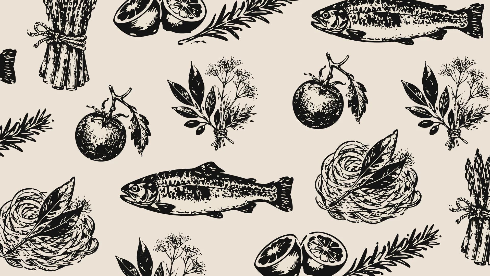 Latimers hand-drawn produce illustration pattern