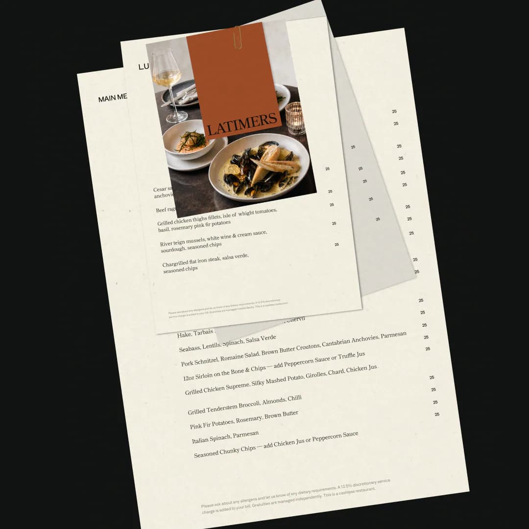 Latimers printed menus in the launch identity