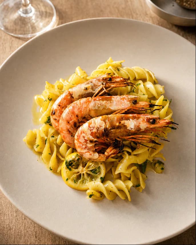 Latimers prawn pasta dish from the brand photography