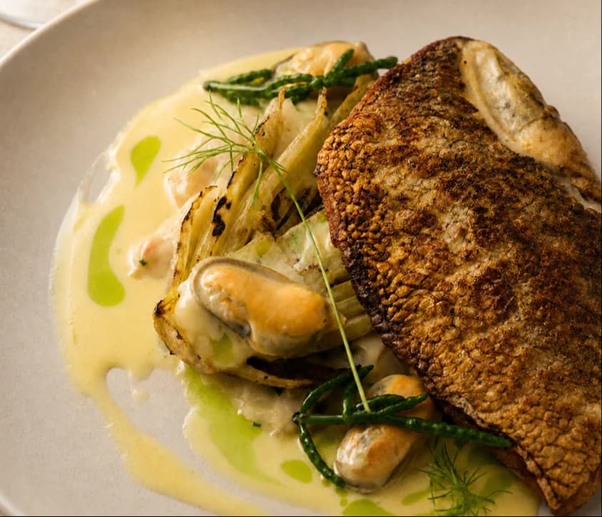 Latimers sea bass and mussels dish from the brand photography
