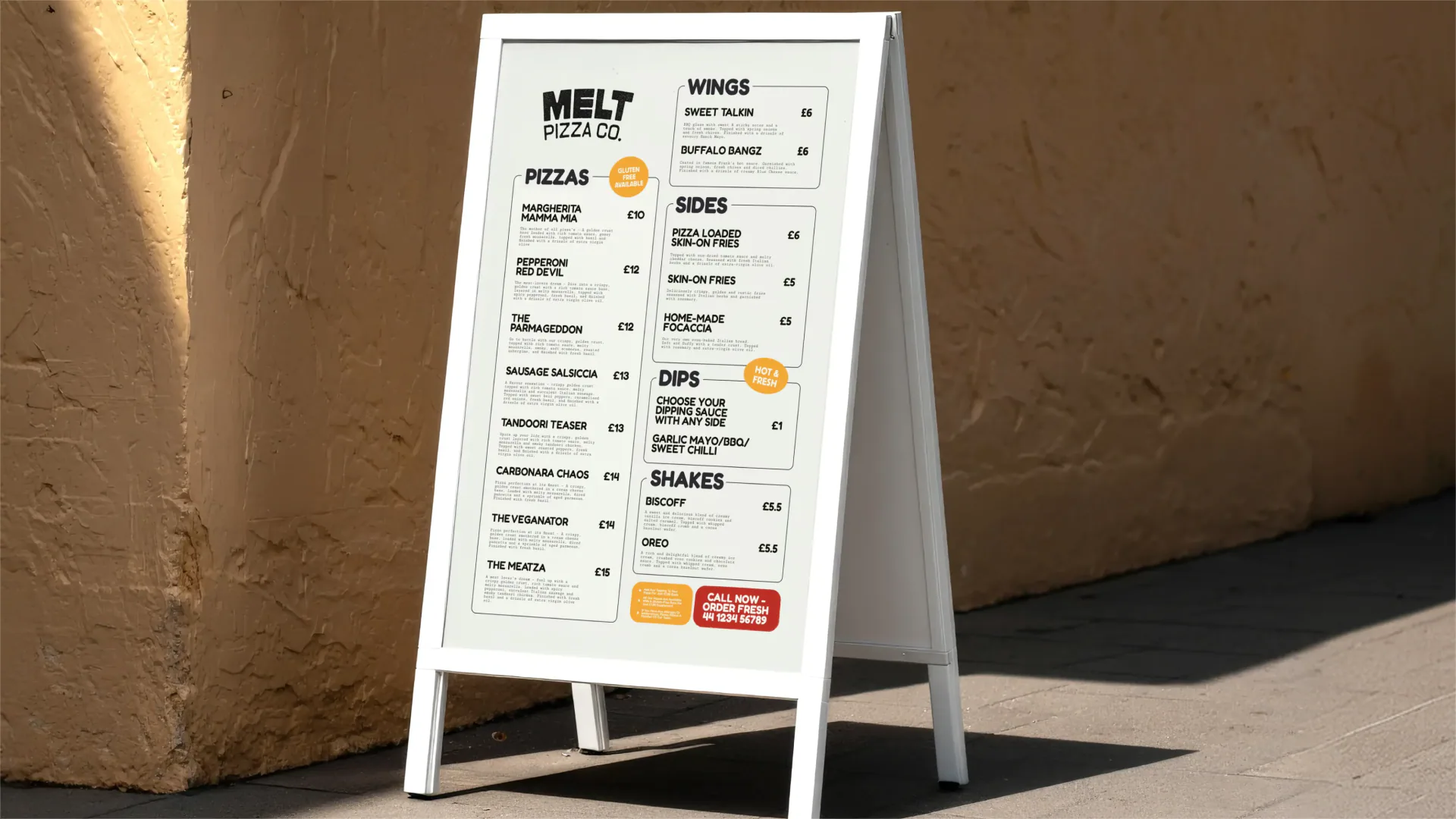 Melt Pizza Co A-frame menu sign on the pavement