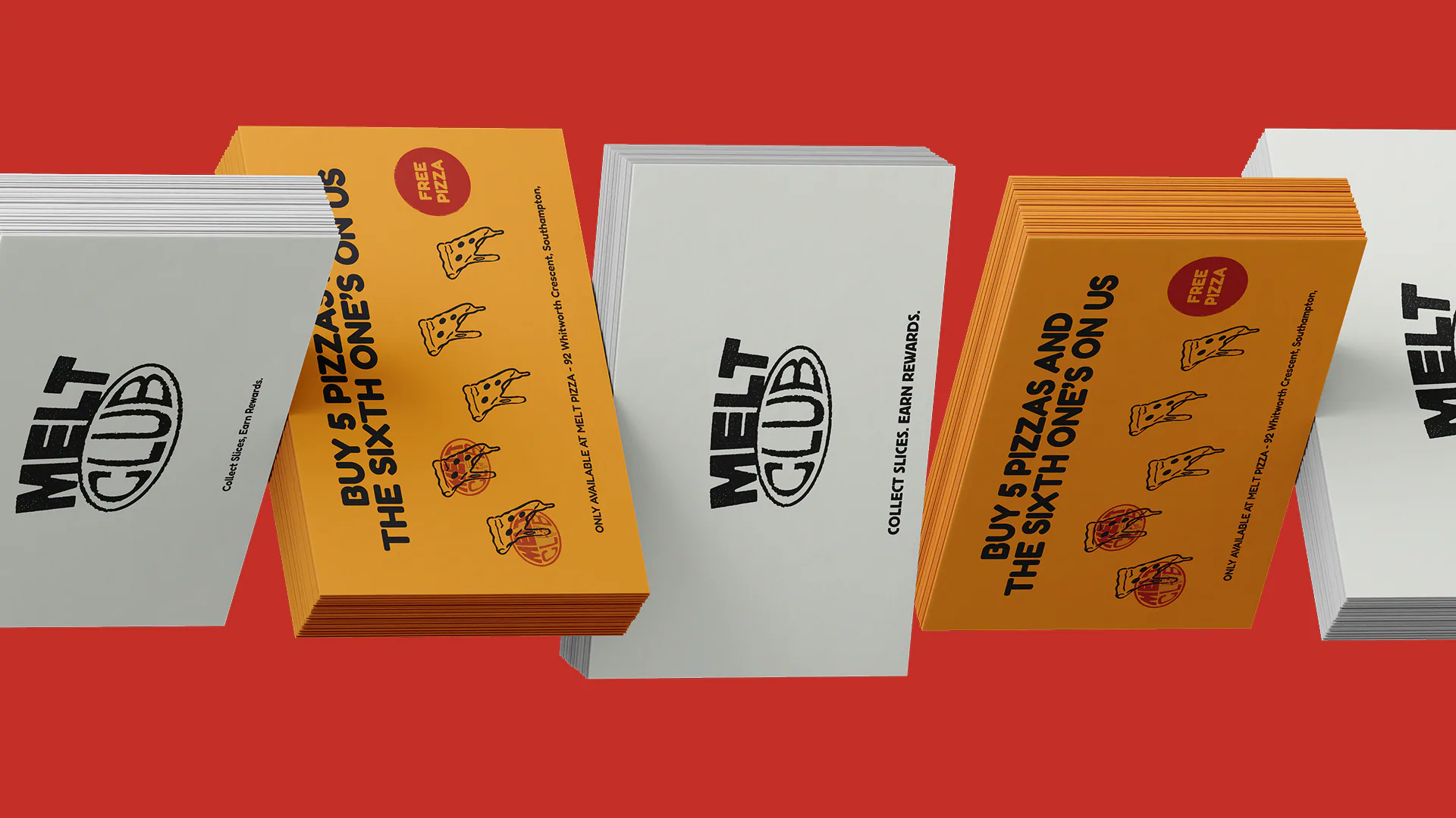 Melt Pizza Co pizza box designs arranged on a red background