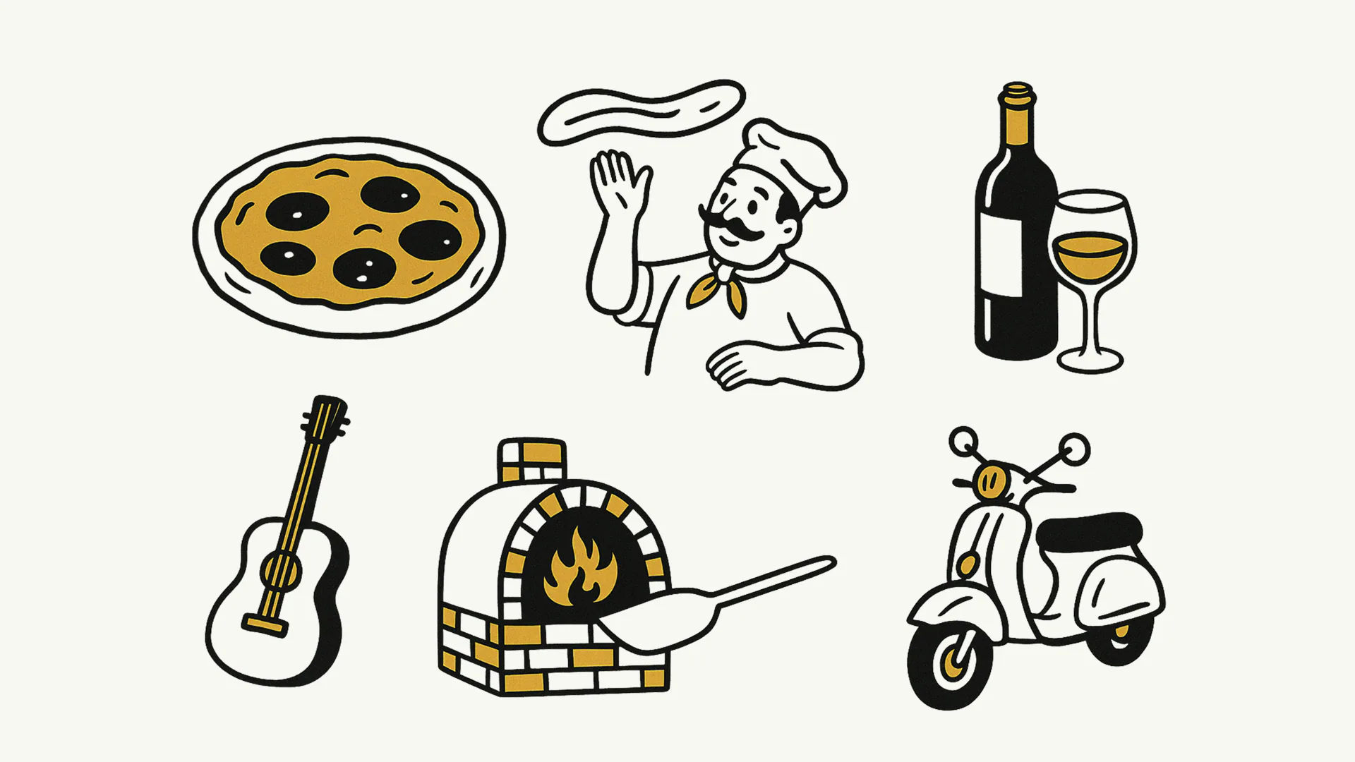 Melt Pizza Co hand-drawn brand illustrations of pizza, chef and pizza oven