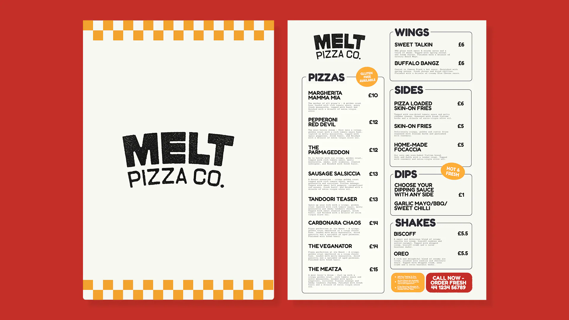 Melt Pizza Co menu design with pizzas, wings, sides and shakes