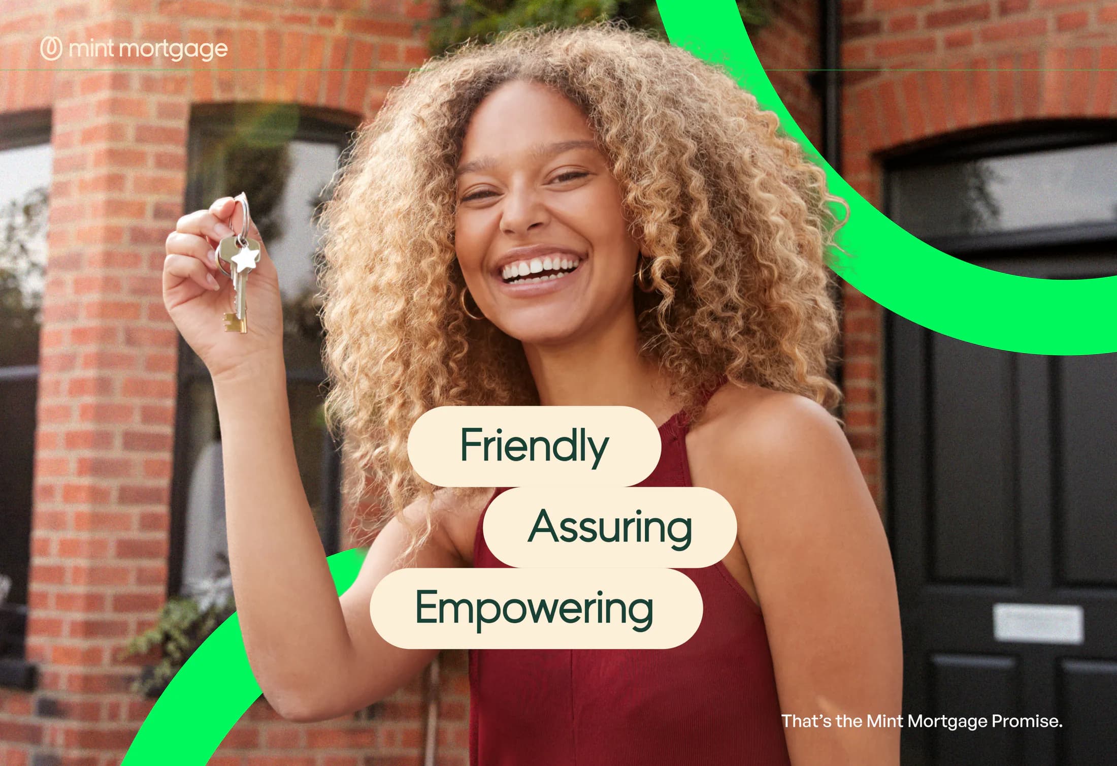 Mint Mortgages campaign photography of a new homeowner holding keys on her doorstep