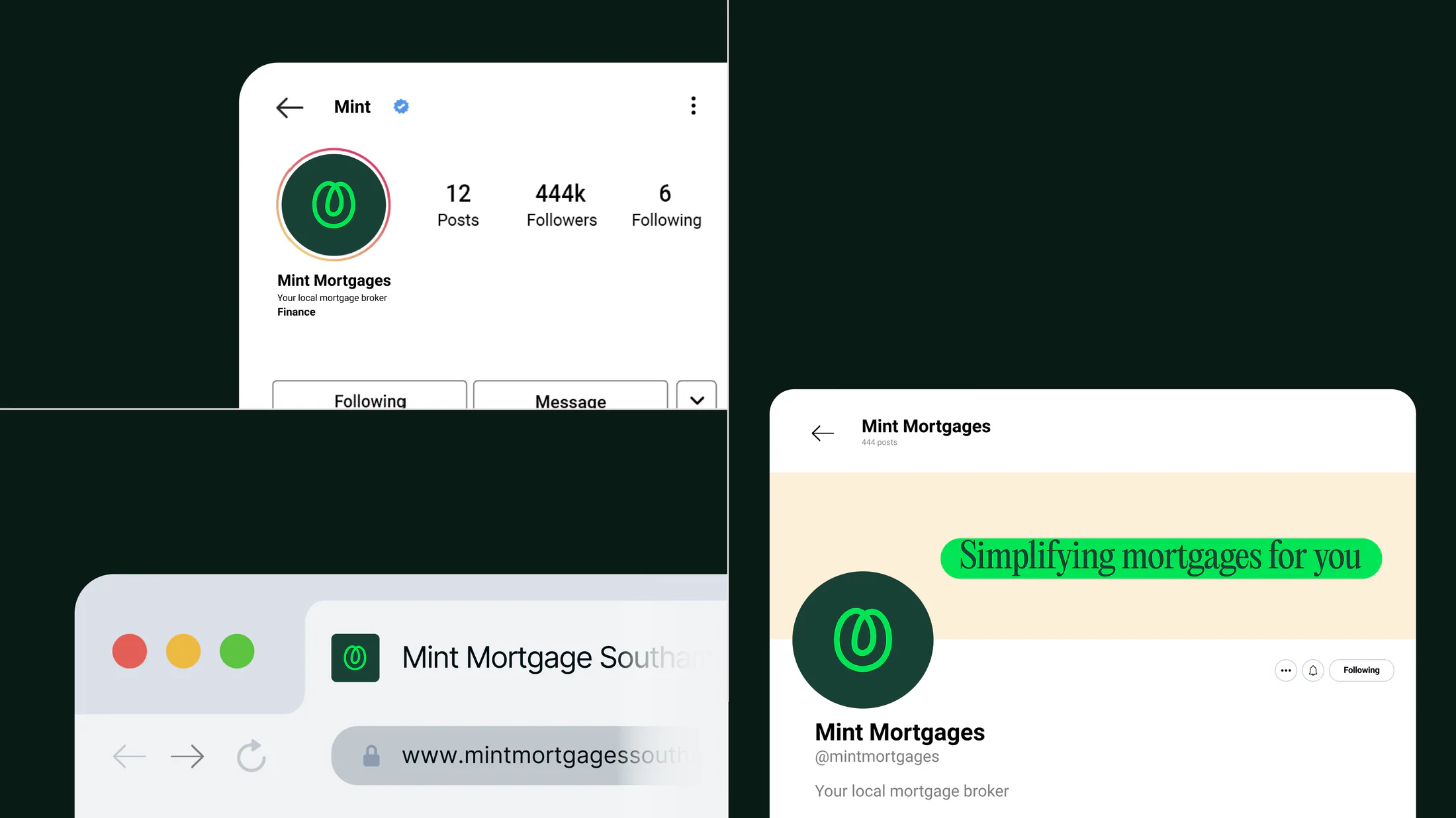 Mint Mortgages website and social profile screens in the new identity