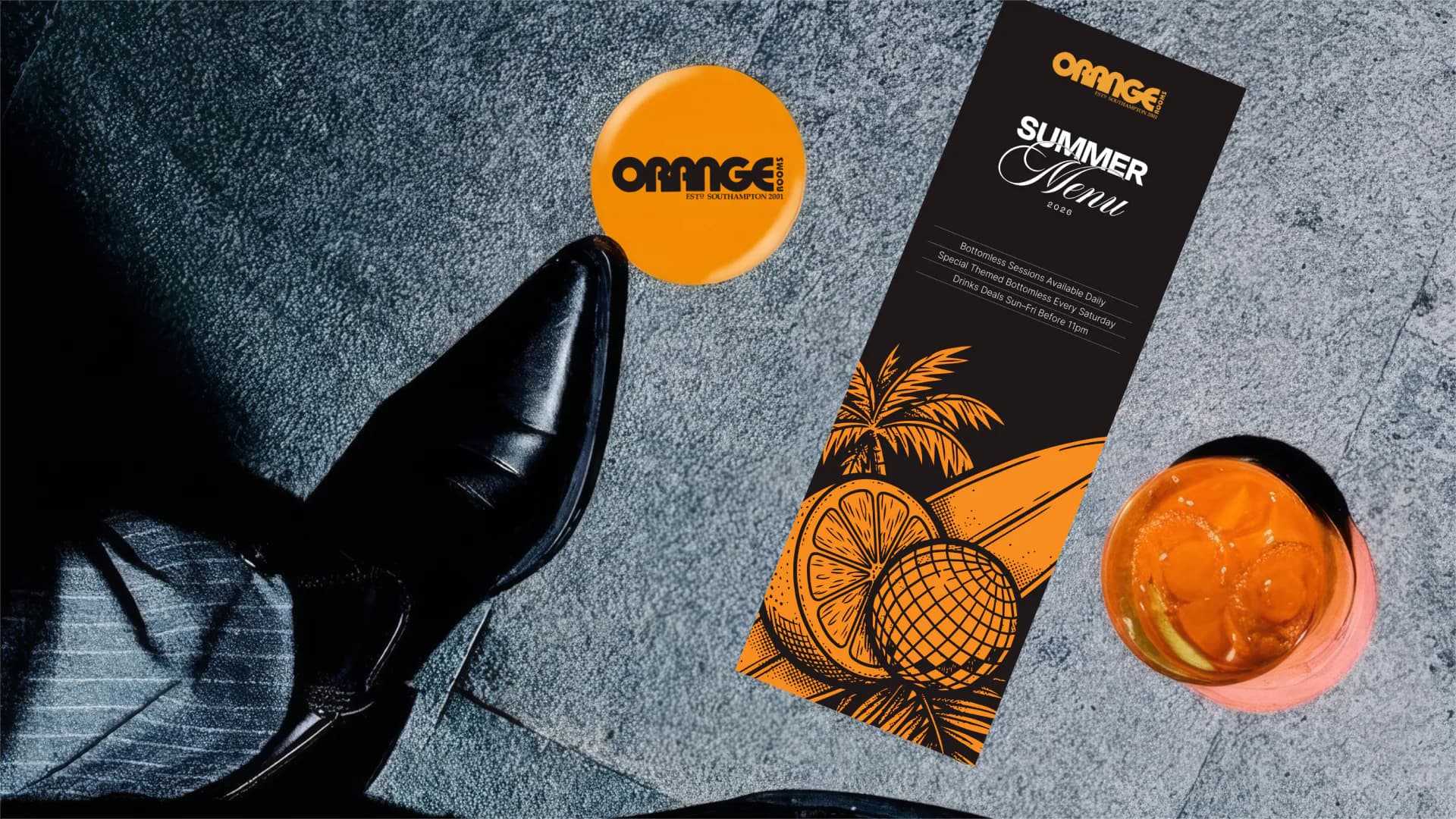 Orange Rooms summer menu design with branded coaster