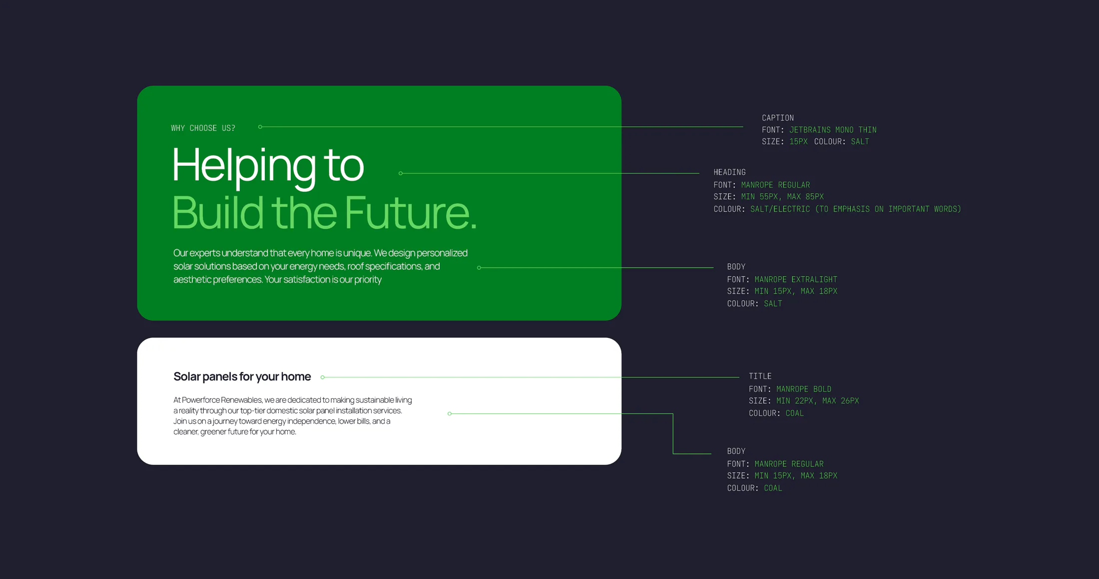 Powerforce Renewables brand messaging card on dark green
