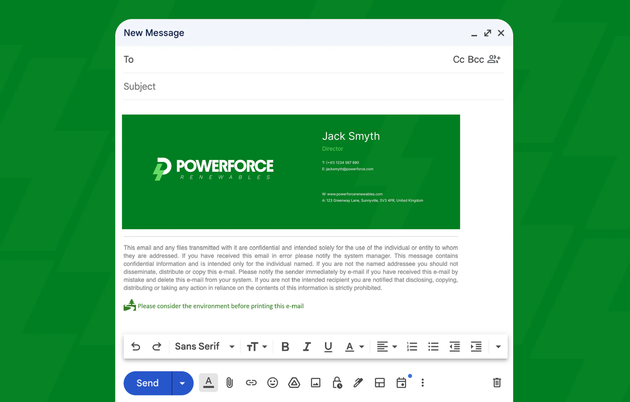 Powerforce Renewables branded email signature design