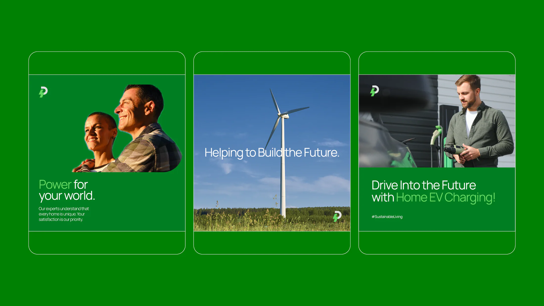Powerforce Renewables social media creatives with wind turbine photography
