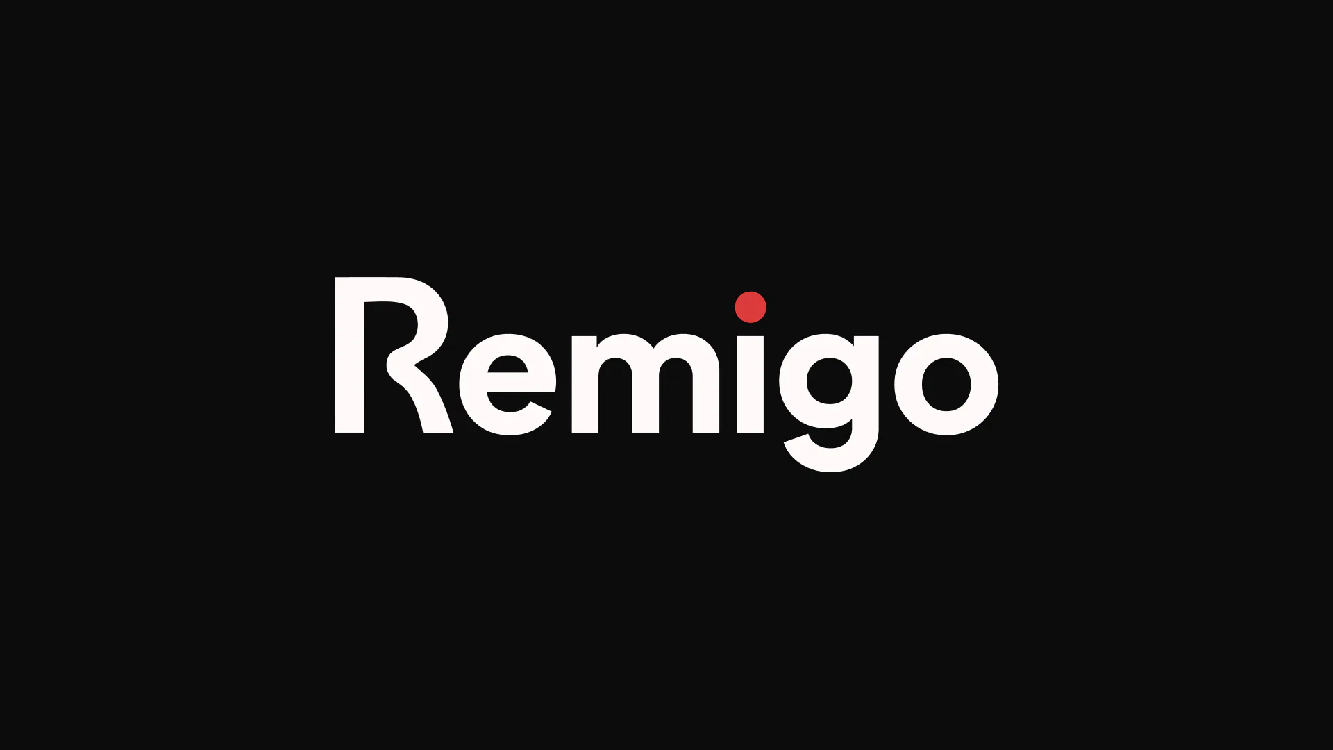 Remigo wordmark in white with a red dot on black