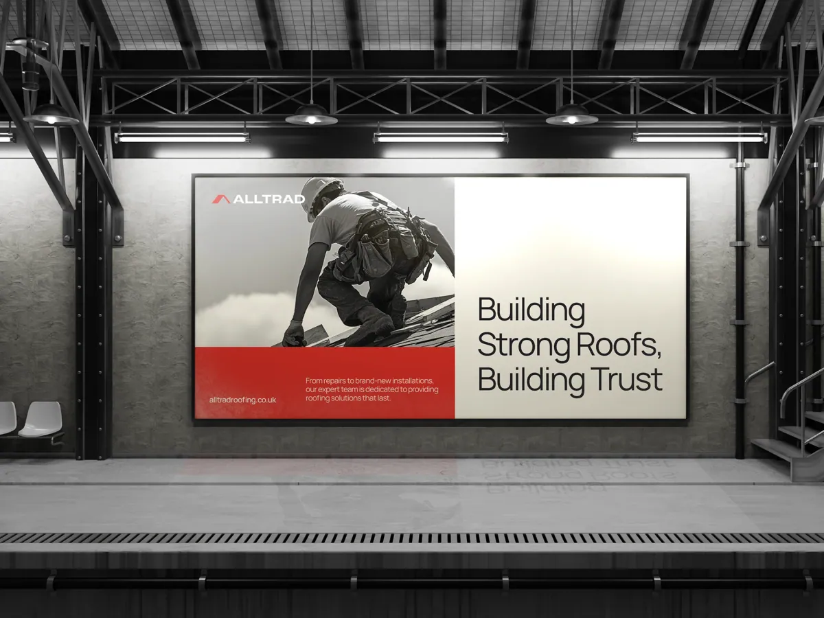 Alltrad Roofing billboard with the new brand identity