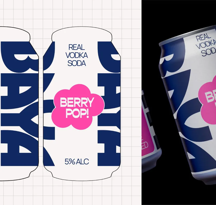 Baya Vodka Soda cans in the bold new packaging design